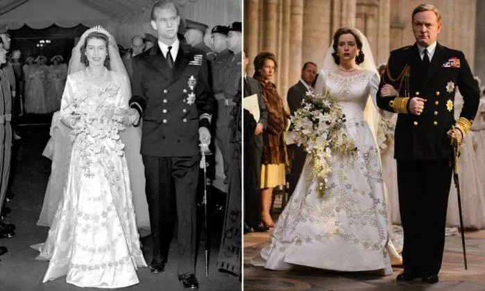 Một trong những trang phục hoàng gia được làm lại trong seri The Crown giống bản thật nhất là đám cưới của Nữ hoàng Anh năm 1947. Nguồn: internet