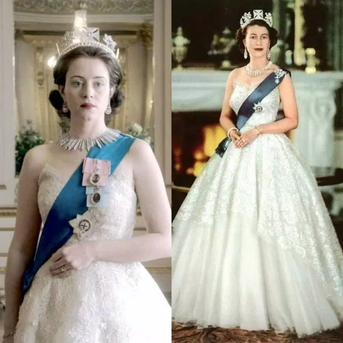 Trong buổi chụp hình cho mới đồng tiền, Nữ hoàng áo trắng cùng băng và vương miện.  Nguồn: internet
