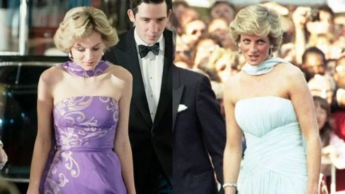 Bộ màu tím bên trái được lấy cảm hứng từ bộ phận của Công nương Diana khi tham gia liên hoan phim Cannes.  Nguồn: internet