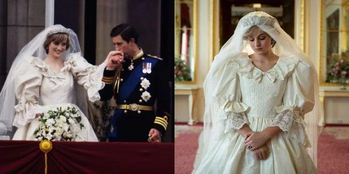 Chiếc áo cưới có phần tay bồng bềnh như bước ra từ chuyện cổ tích của Công nương Diana.  Nguồn: internet